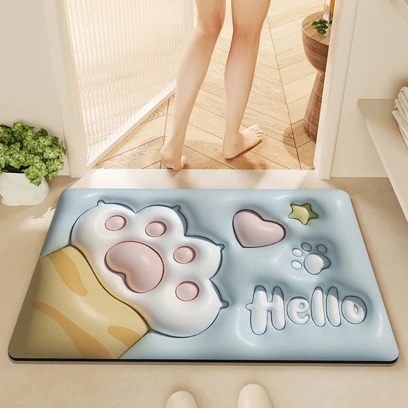 Diyatomlu Emici Kaymaz 3D Banyo Paspası - 50x80cm Kedi Pati Yastığı