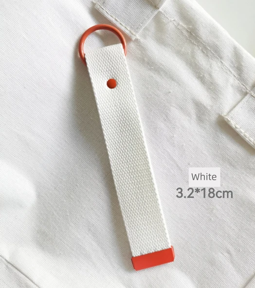 3.2x18 K-Stil Pamuk DIY Nakışlı Kurdele Anahtarlık - Beyaz + Turuncu Halka Toka