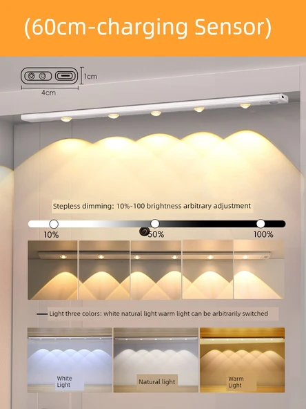 LED İnsan Vücudu Algılama Lambası - 60cm - USB Şarjlı - Üç Renk Kademesiz Dimleme