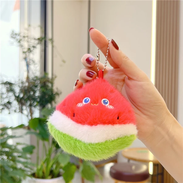 Sevimli Vizon Tüylü Meyve Sebze Peluş Bebek Kolye Anahtarlık - 8cm Karpuz, 8-14cm Altın Metal Tokalı