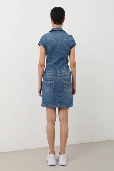 Fermuarlı Cepli Kadın Jean Elbise - 10