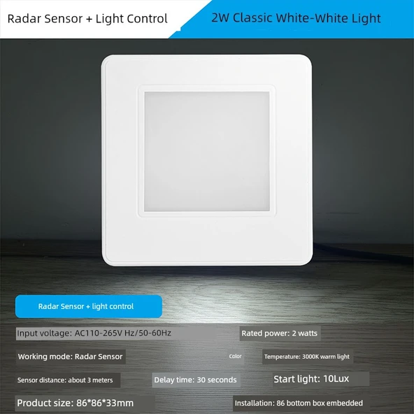 LED 86 Tip Radar Sensörlü Koridor Lambası - Beyaz 2W Beyaz Işık (Ayarsız, Radar Sensörlü)