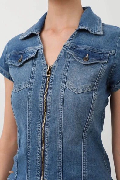 Fermuarlı Cepli Kadın Jean Elbise - 11