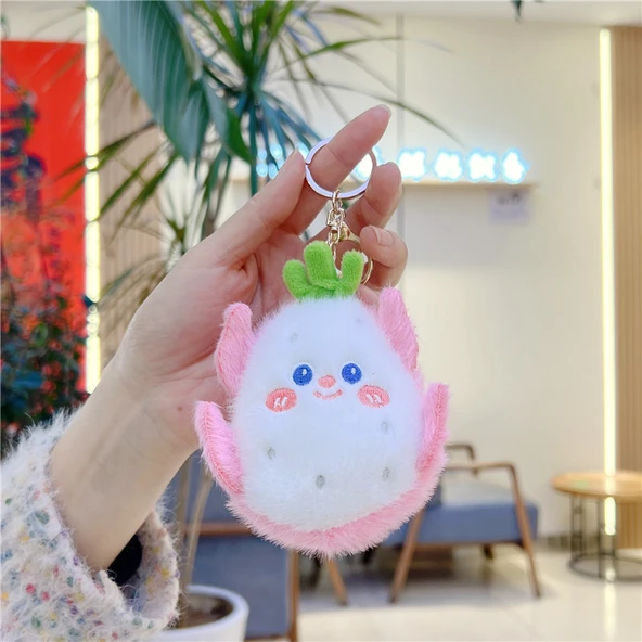 Sevimli Vizon Tüylü Meyve Sebze Peluş Bebek Kolye Anahtarlık - Vizon Tüylü Kırmızı Elma, 8-14cm Altın Metal Tokalı - 11