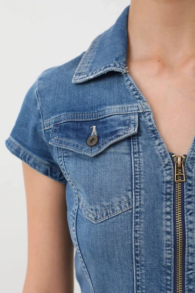 Fermuarlı Cepli Kadın Jean Elbise - 12