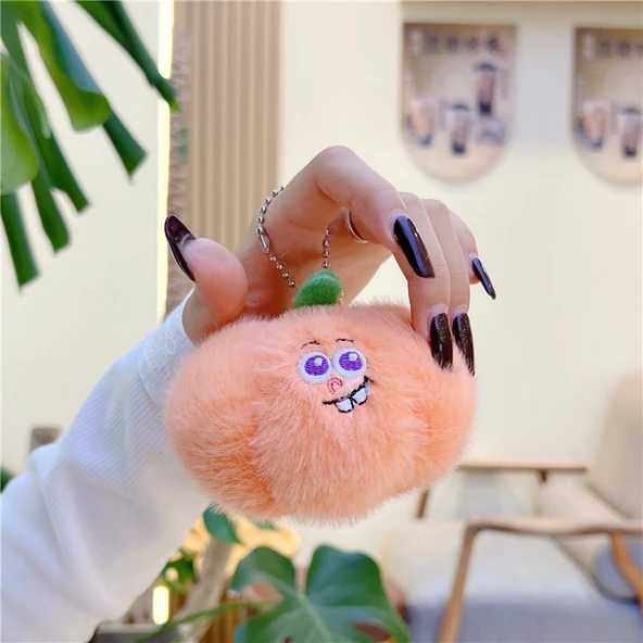 Sevimli Vizon Tüylü Meyve Sebze Peluş Bebek Kolye Anahtarlık - Vizon Tüylü Kabak, 8-14cm Altın Metal Tokalı