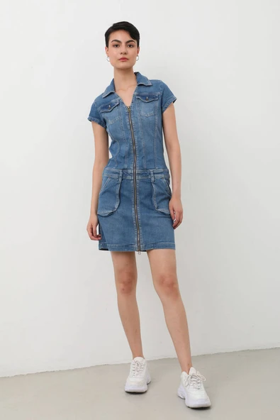 Fermuarlı Cepli Kadın Jean Elbise - 2