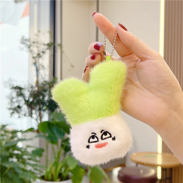 Sevimli Vizon Tüylü Meyve Sebze Peluş Bebek Kolye Anahtarlık - 11cm Yeşil Soğan, 8-14cm Altın Metal Tokalı