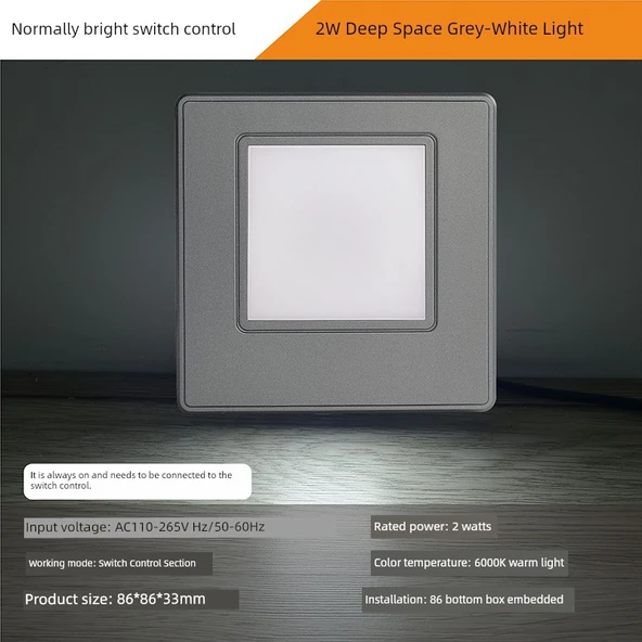 LED 86 Tip Radar Sensörlü Koridor Lambası - Gri 2W Beyaz Işık (Sürekli)