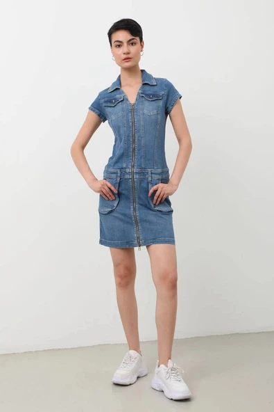 Fermuarlı Cepli Kadın Jean Elbise - 9