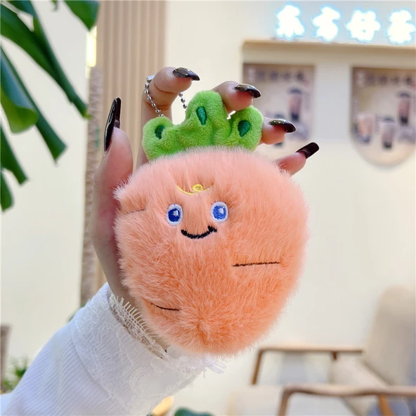 Sevimli Vizon Tüylü Meyve Sebze Peluş Bebek Kolye Anahtarlık - Vizon Tüylü Havuç, 8-14cm Altın Metal Tokalı