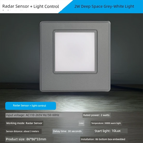 LED 86 Tip Radar Sensörlü Koridor Lambası - Gri 2W Beyaz Işık (Ayarsız, Radar Sensörlü)
