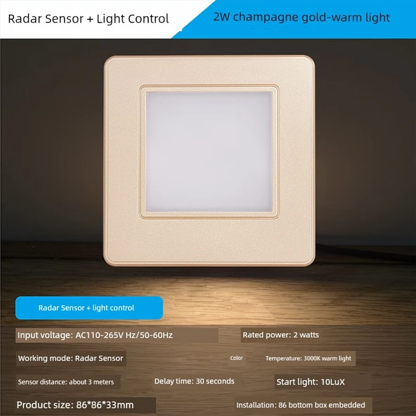 LED 86 Tip Radar Sensörlü Koridor Lambası - Altın 2W Sıcak Işık (Ayarsız, Radar Sensörlü)