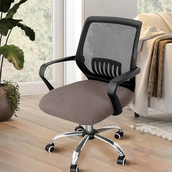 Elastik Ofis Bilgisayar Sandalye Kılıfı - Bej (Peluş) - Büyük (45-52cm)