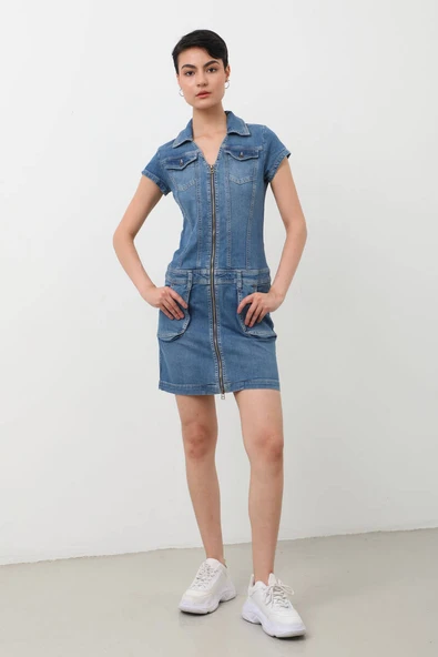 Fermuarlı Cepli Kadın Jean Elbise - 3