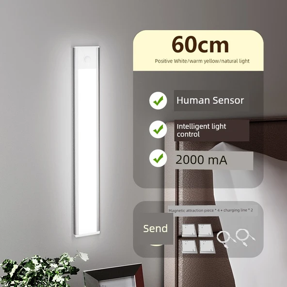 LED Kablosuz Hareket Sensörlü Gece Lambası - İki Adet 60cm Siyah/Gümüş Beyaz/Sıcak Sarı/Doğal Işık