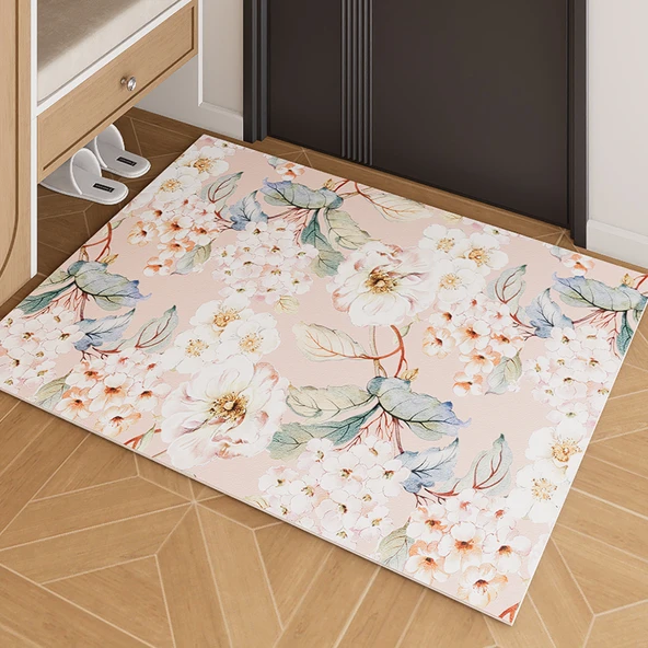 Fransız Retro Giriş Kapısı Paspası - Kaymaz Emici Banyo Halısı - Suluboya Büyük Çiçek 37 - 50cm x 80cm