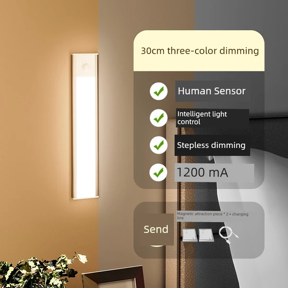 LED Kablosuz Hareket Sensörlü Gece Lambası - Ultra İnce 30cm Siyah/Gümüş Üç Renk Kısılabilir