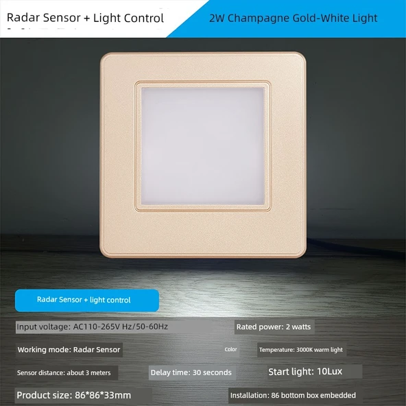 LED 86 Tip Radar Sensörlü Koridor Lambası - Altın 2W Beyaz Işık (Ayarsız, Radar Sensörlü)