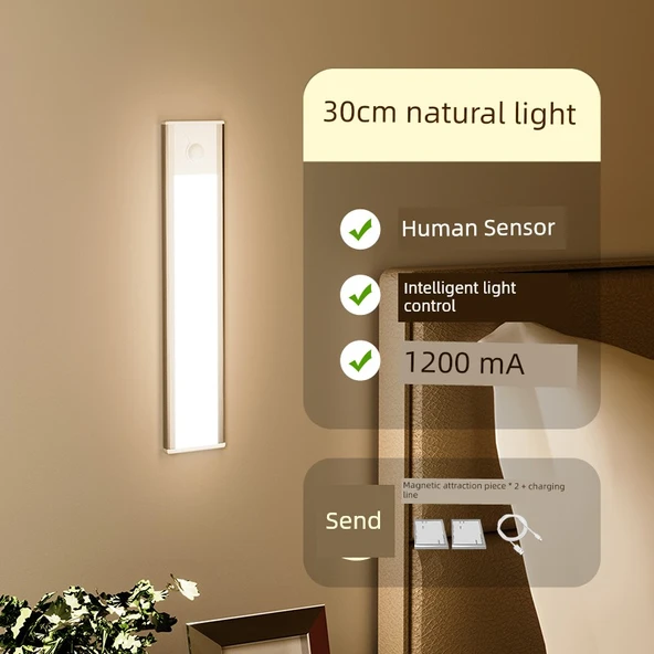 LED Kablosuz Hareket Sensörlü Gece Lambası - Ultra İnce 30cm Siyah/Gümüş Doğal Işık