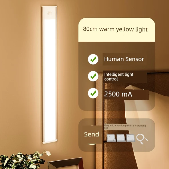 LED Kablosuz Hareket Sensörlü Gece Lambası - Ultra İnce 80cm Siyah/Gümüş Sıcak Sarı Işık