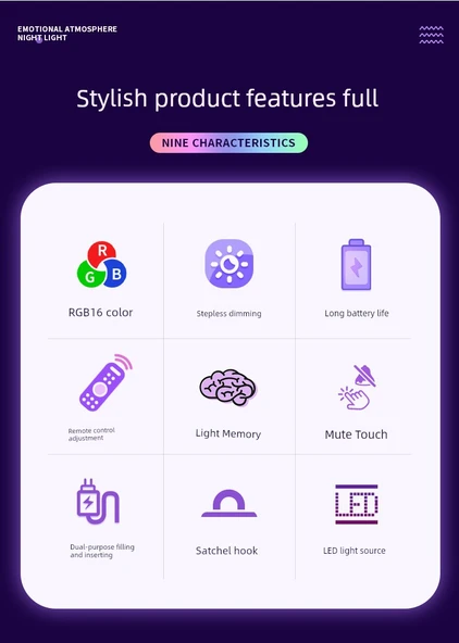 Şarj Edilebilir Dokunmatik Başucu Lambası - Uzaktan Kumandalı, Saatli, 7 Renkli, Kademesiz Dimleme + Şarj Başlığı - Resim 11