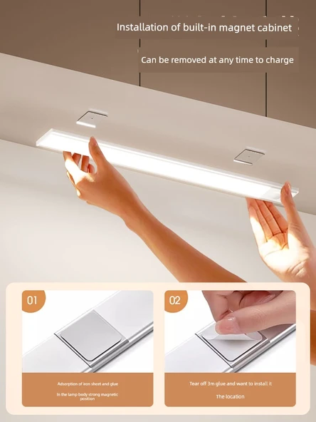 LED Kablosuz Hareket Sensörlü Gece Lambası - Ultra İnce 60cm Siyah/Gümüş Üç Renk Kısılabilir - 5