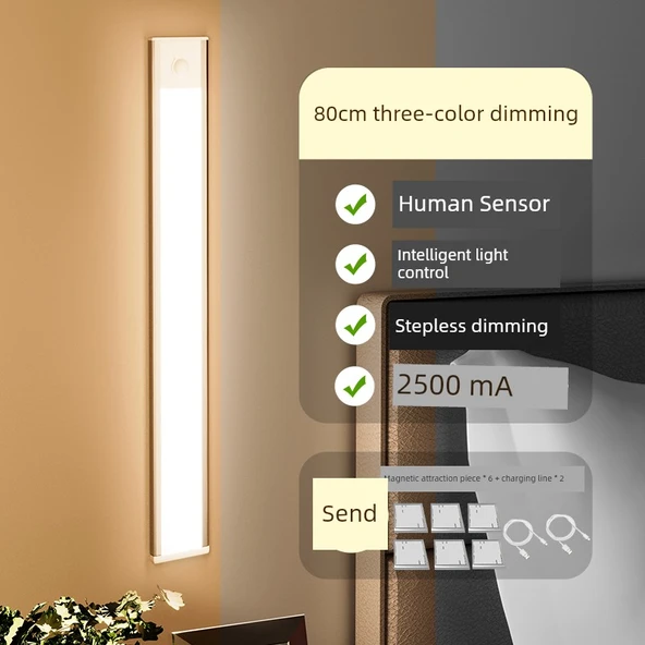 LED Kablosuz Hareket Sensörlü Gece Lambası - İki Adet 80cm Siyah/Gümüş Üç Renk Kısılabilir