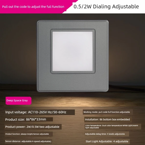 LED 86 Tip Radar Sensörlü Koridor Lambası - Gri Çift Renk 0.5/2W Ayarlanabilir (Radar Sensörlü)