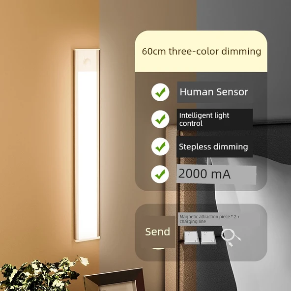 LED Kablosuz Hareket Sensörlü Gece Lambası - Ultra İnce 60cm Siyah/Gümüş Üç Renk Kısılabilir
