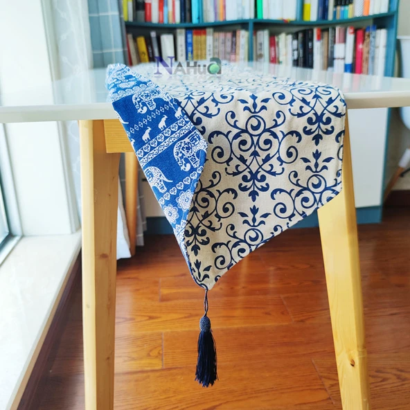Mavi Beyaz Porselen Sarmaşık Fil Pamuklu Keten Masa Örtüsü - 30x150cm