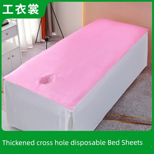 Pembe Tek Kullanımlık Masaj Yatağı Örtüsü - Çapraz Delikli 80x190cm - 60 Adet - Su Geçirmez ve Yağa Dayanıklı