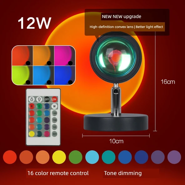 16CM Gün Batımı Lambası - 12W 16 Renk Uzaktan Kumandalı - Yükseltilmiş Lens