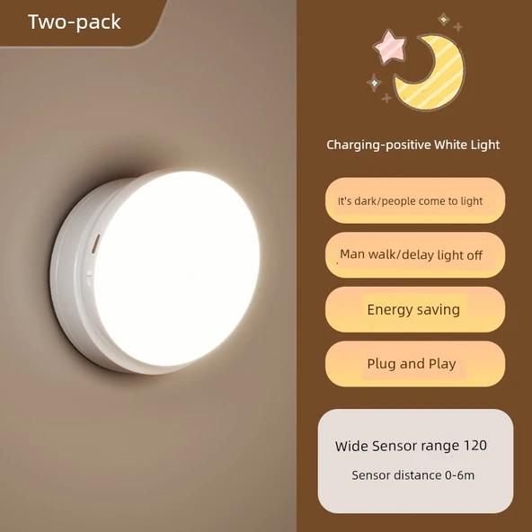 2'li Paket Hareket Sensörlü LED Gece Lambası - Şarjlı Fildişi Beyaz - Beyaz Işık