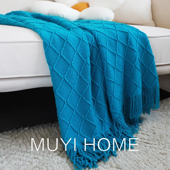 İskandinav Retro Yatak Örtüsü - Tavus Kuşu Mavisi - 130cm x 230cm - Püsküllü