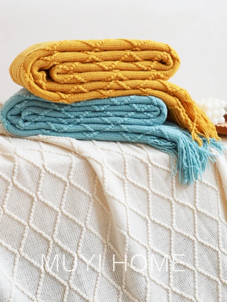 İskandinav Retro Yatak Örtüsü - Zencefil Sarısı - 130cm x 230cm - Püsküllü - 3