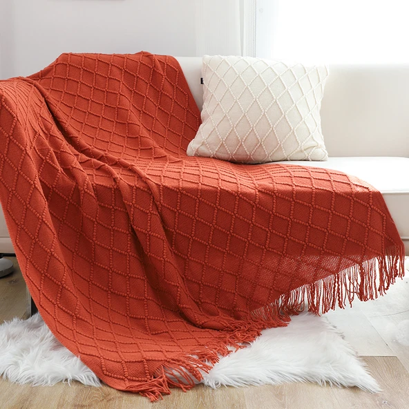 İskandinav Retro Yatak Örtüsü - Tuğla Kırmızısı - 130cm x 260cm - Püsküllü