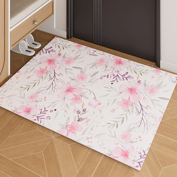 Fransız Retro Giriş Kapısı Paspası - Suluboya Büyük Çiçek Desenli - 50x80 cm