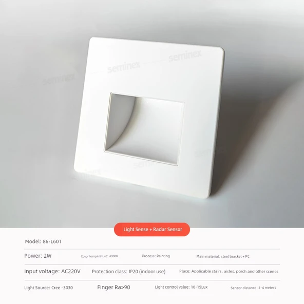 LED Radar Sensörlü Ayak Işığı - 86 Tip - L6 Beyaz - 2W - 4000K