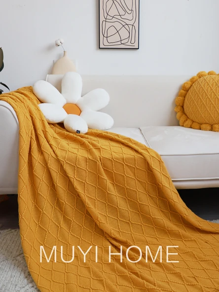 İskandinav Retro Yatak Örtüsü - Koyu Köri - 130cm x 170cm - Püsküllü - 2