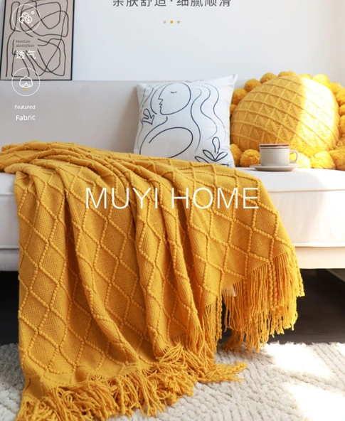 İskandinav Retro Yatak Örtüsü - Koyu Köri - 130cm x 170cm - Püsküllü - 8