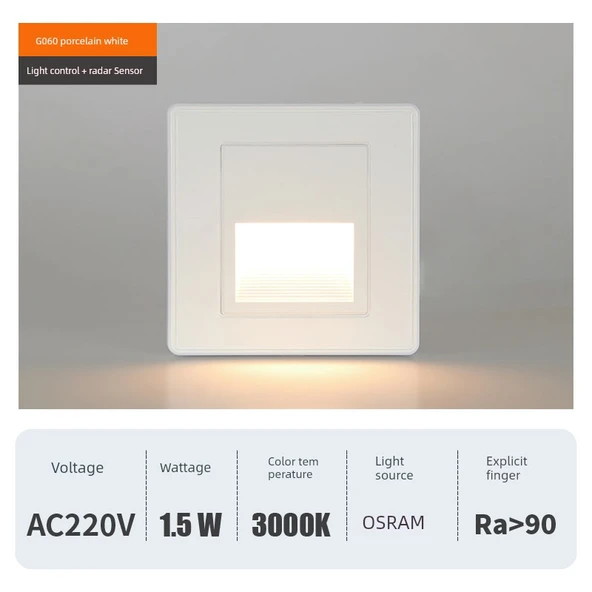 LED Radar Sensörlü Ayak Işığı - 86 Tip - Porselen Beyazı - 1.5W - 3000K
