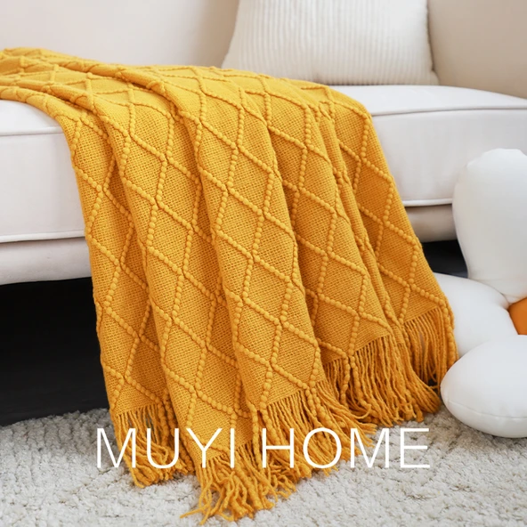 İskandinav Retro Yatak Örtüsü - Zencefil Sarısı - 130cm x 230cm - Püsküllü