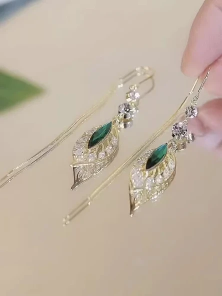 Yeşil Zirkon Yapraklı Küpe - Yeşil Yaprak Kulak Hattı