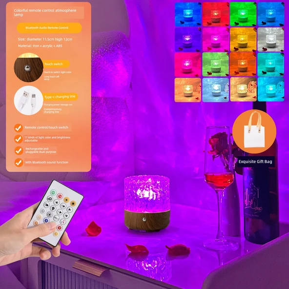 LED Bluetooth Ses Projektörlü Gece Lambası - Ahşap Desenli + Müzik Çalma Lambası + Şarjlı Kumanda + 17 Renk + Hediye Çantası