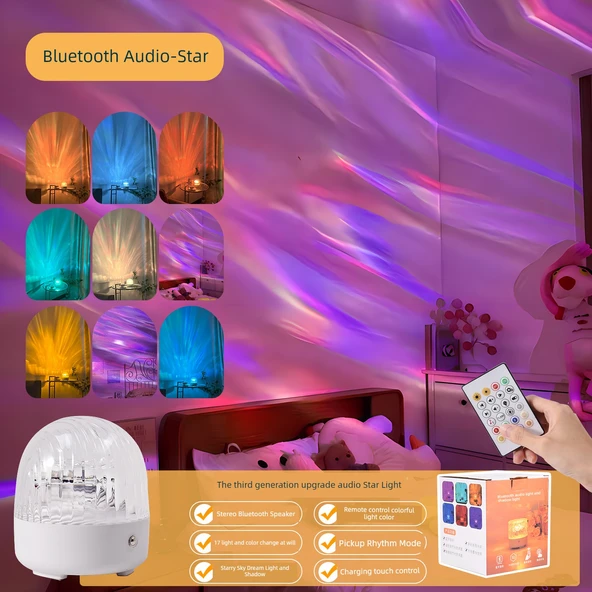 LED Bluetooth Ses Projektörlü Gece Lambası - Bluetooth Sesli Yıldız Işığı + Şarjlı Kumanda + 17 Aurora