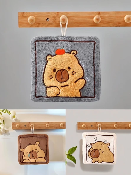 Koral Polar Asılı El Havlusu - Gri + Koyu Kahve + Bej - 21x21 cm