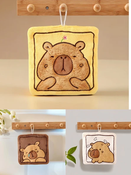 Koral Polar Asılı El Havlusu - Açık Sarı + Koyu Kahve + Bej - 21x21 cm