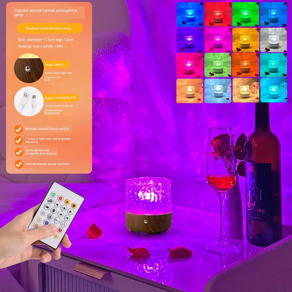 LED Bluetooth Ses Projektörlü Gece Lambası - Ahşap Desenli + Müzik Çalma Lambası + Şarjlı Kumanda + 17 Renk