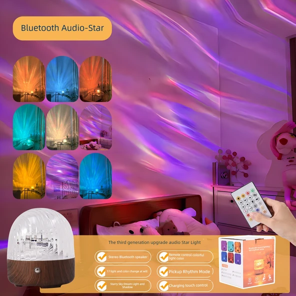 LED Bluetooth Ses Projektörlü Gece Lambası - Ahşap Desenli + Bluetooth Sesli Yıldız Işığı + Şarjlı Kumanda + 17 Aurora